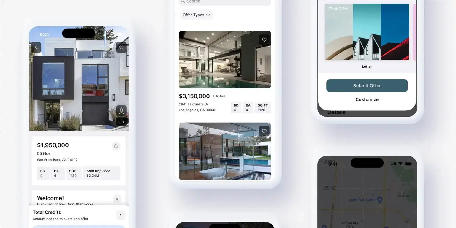 iPhones showing images of the DropOffer iOS app with real estate for sale.